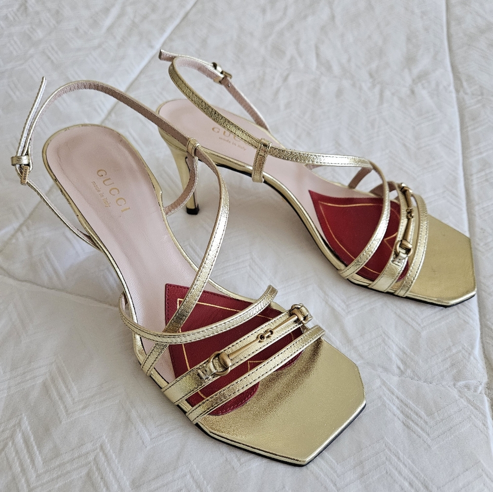 Gucci Gold Metallic Horsebit Sandals Square Toe Mid-Heel Slingbacks Glow Up